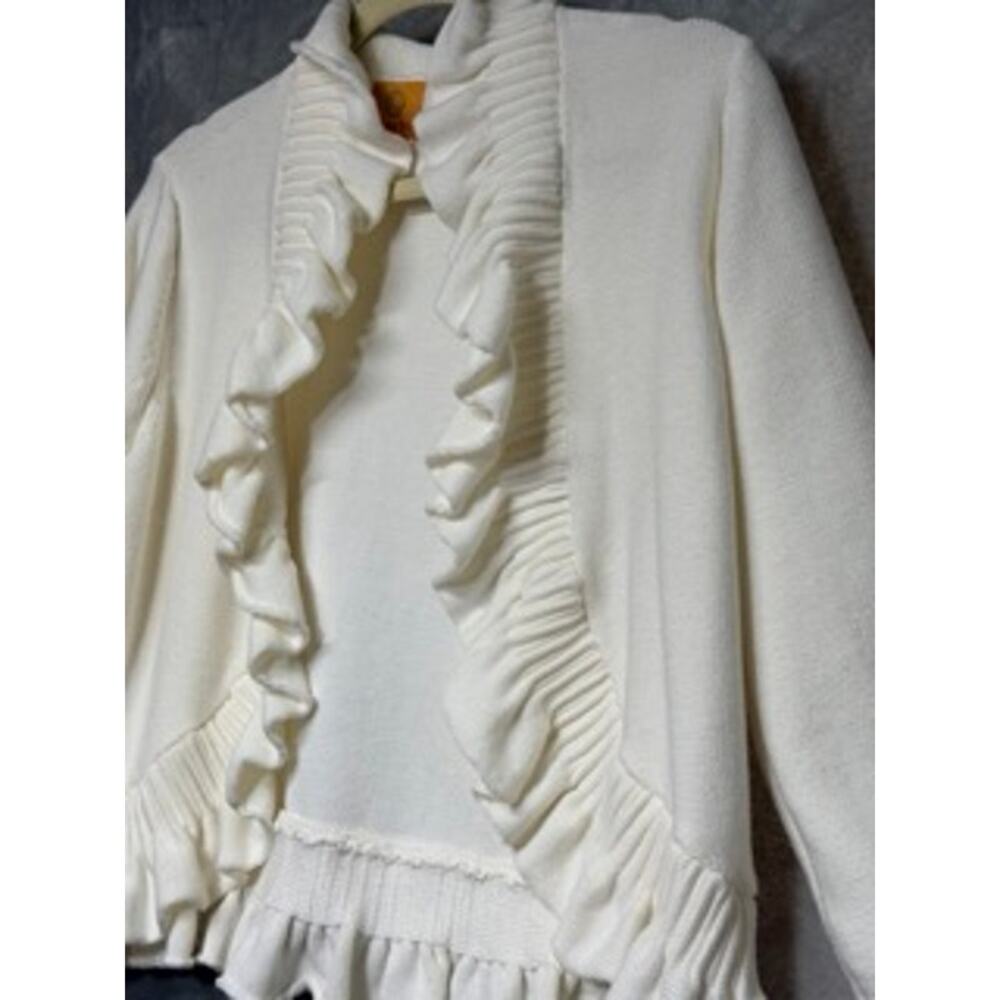 Ruby Rd Ivory Ruffle Trim Open Front Cardigan Sweater - Picture 3 of 6